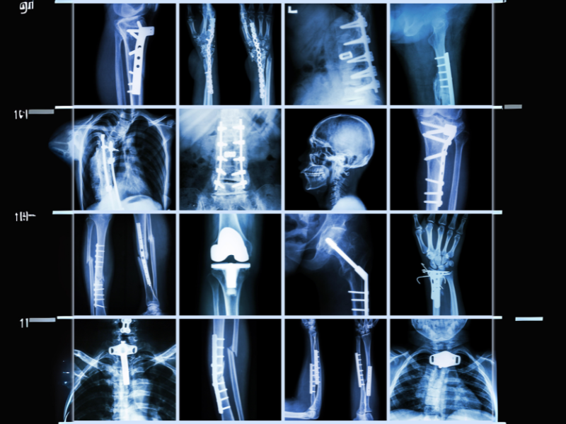 conjunto de exames de raio-x, vistos um ao lado do outro, para ver como pode ser o tratamento de fraturas complexas.