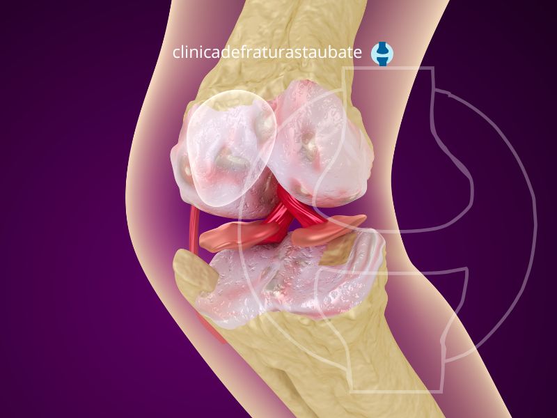 Imagem de computador, do osso de um joelho que está com osteoporose.